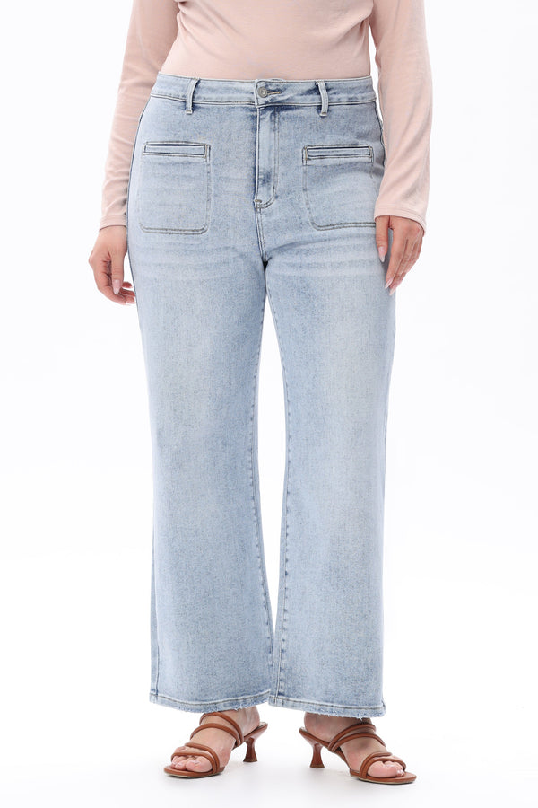 HIGH RISE STRAIGHT JEANS FRONT PATCH POCKETS PLUS SIZE OST5023-P