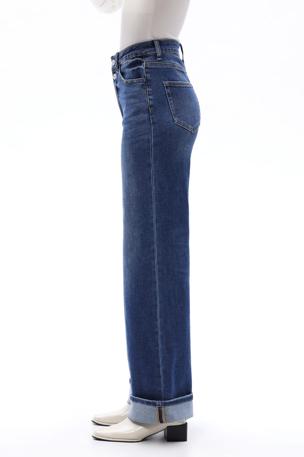 HIGH RISE ROLLED HEM WIDE LEG DENIM JEANS OSW8015 MEDIUM BLUE