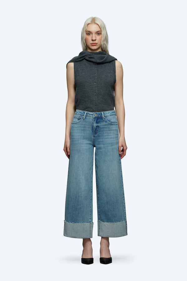 HIGH RISE ROLLED CUFF WIDE LEG DENIM JEANS OSW8009 BLUE