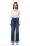 HIGH RISE ROLLED HEM WIDE LEG DENIM JEANS OSW8015 MEDIUM BLUE