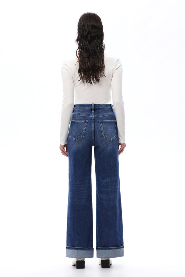 HIGH RISE ROLLED HEM WIDE LEG DENIM JEANS OSW8015 MEDIUM BLUE