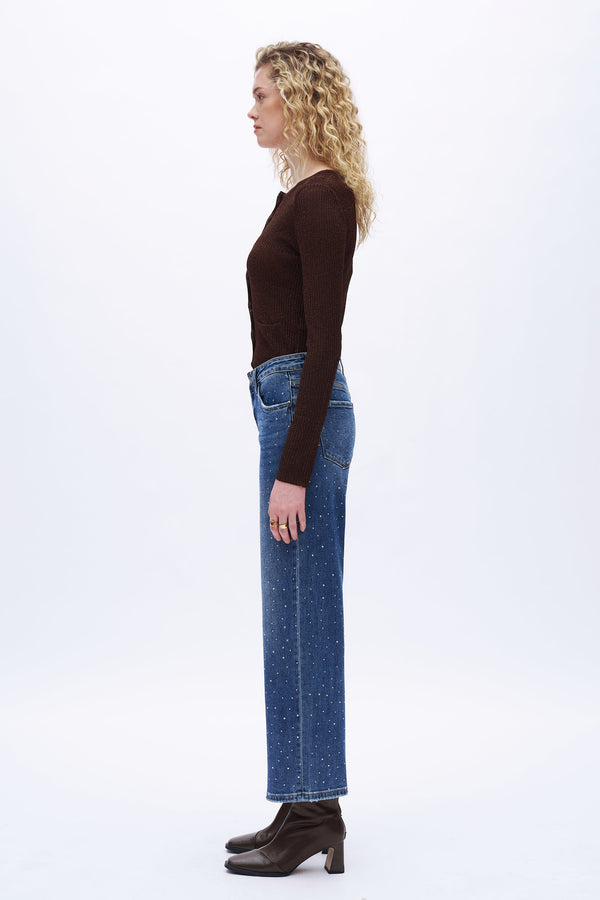 HIGH RISE RHINESTONE WIDE LEG JEANS OSWM8008 DEEP BLUE