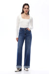 HIGH RISE ROLLED HEM WIDE LEG DENIM JEANS OSW8015 MEDIUM BLUE