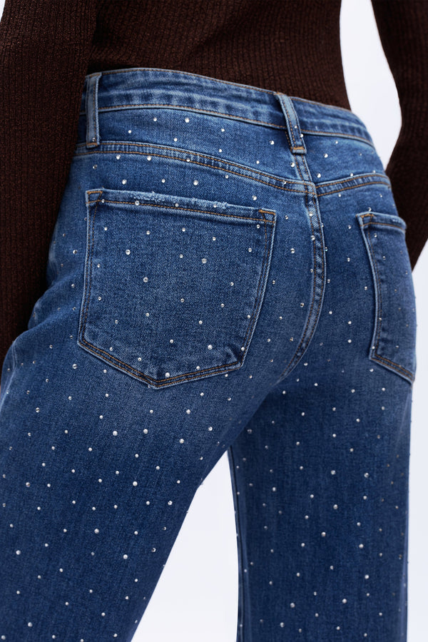 HIGH RISE RHINESTONE WIDE LEG JEANS OSWM8008 DEEP BLUE