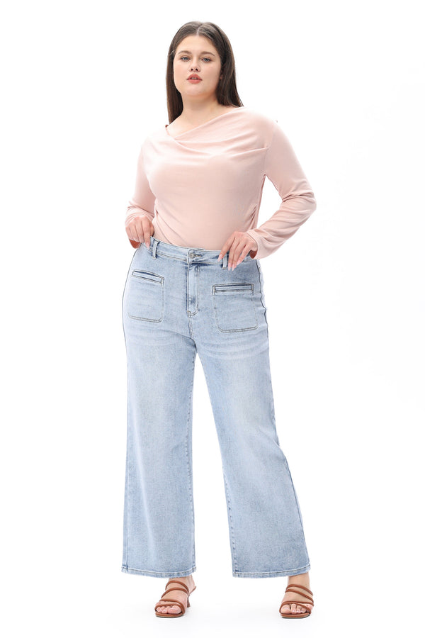 HIGH RISE STRAIGHT JEANS FRONT PATCH POCKETS PLUS SIZE OST5023-P