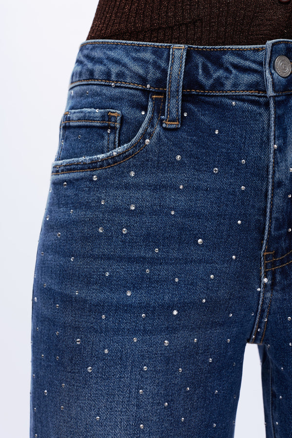 HIGH RISE RHINESTONE WIDE LEG JEANS OSWM8008 DEEP BLUE