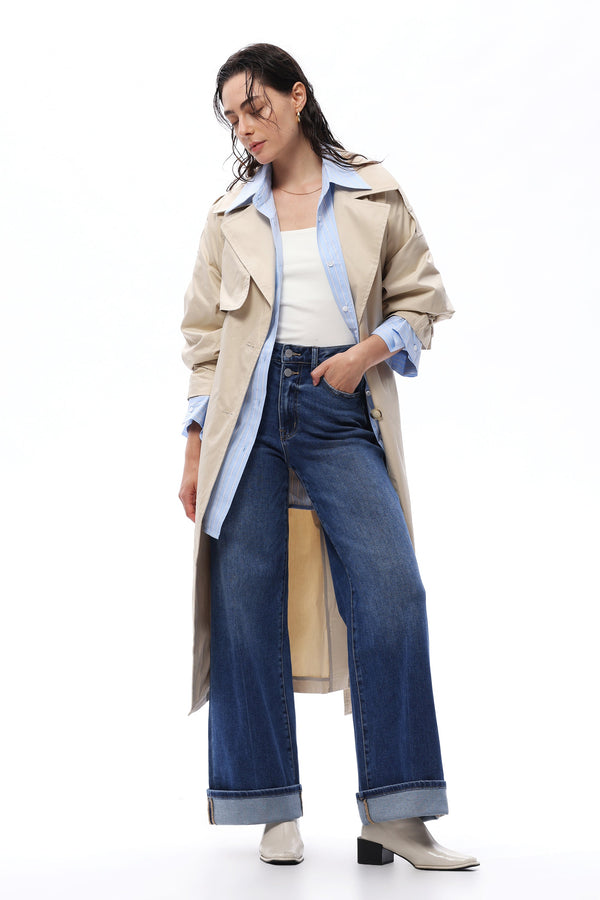 HIGH RISE ROLLED HEM WIDE LEG DENIM JEANS OSW8015 MEDIUM BLUE