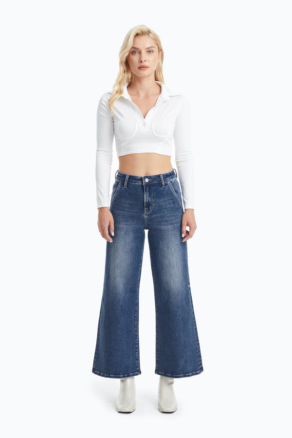 HIGH RISE WIDE LEG FLARE JEANS WITH MONKEY WASH OSF1135 SWEET BLUE