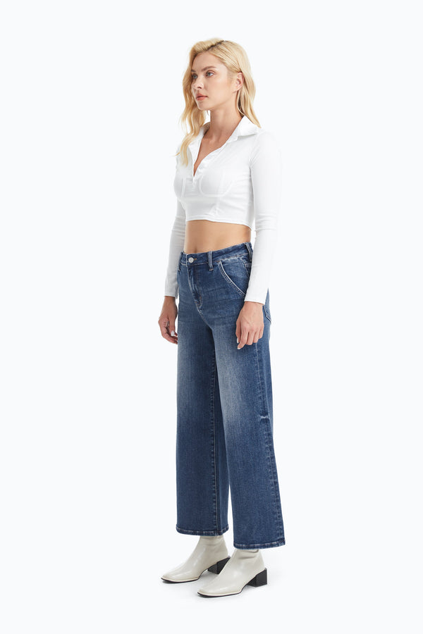 HIGH RISE WIDE LEG FLARE JEANS WITH MONKEY WASH OSF1135 SWEET BLUE