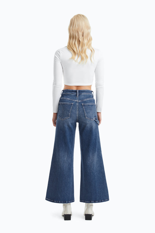 HIGH RISE WIDE LEG FLARE JEANS WITH MONKEY WASH OSF1135 SWEET BLUE