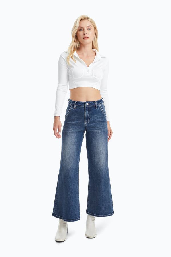 HIGH RISE WIDE LEG FLARE JEANS WITH MONKEY WASH OSF1135 SWEET BLUE