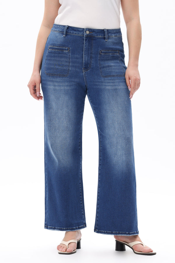 HIGH RISE STRAIGHT JEANS FRONT PATCH POCKETS PLUS SIZE OST5023-P