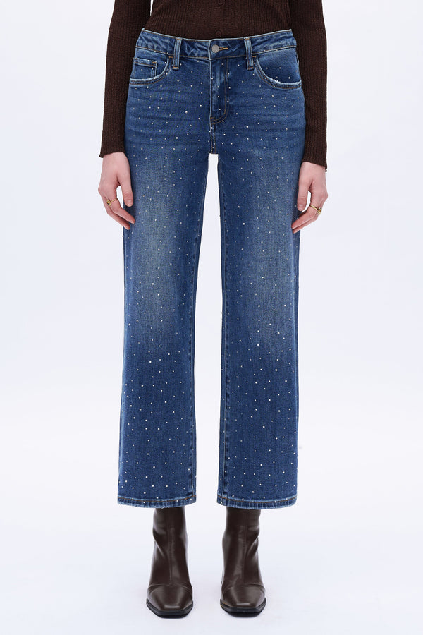 HIGH RISE RHINESTONE WIDE LEG JEANS OSWM8008 DEEP BLUE