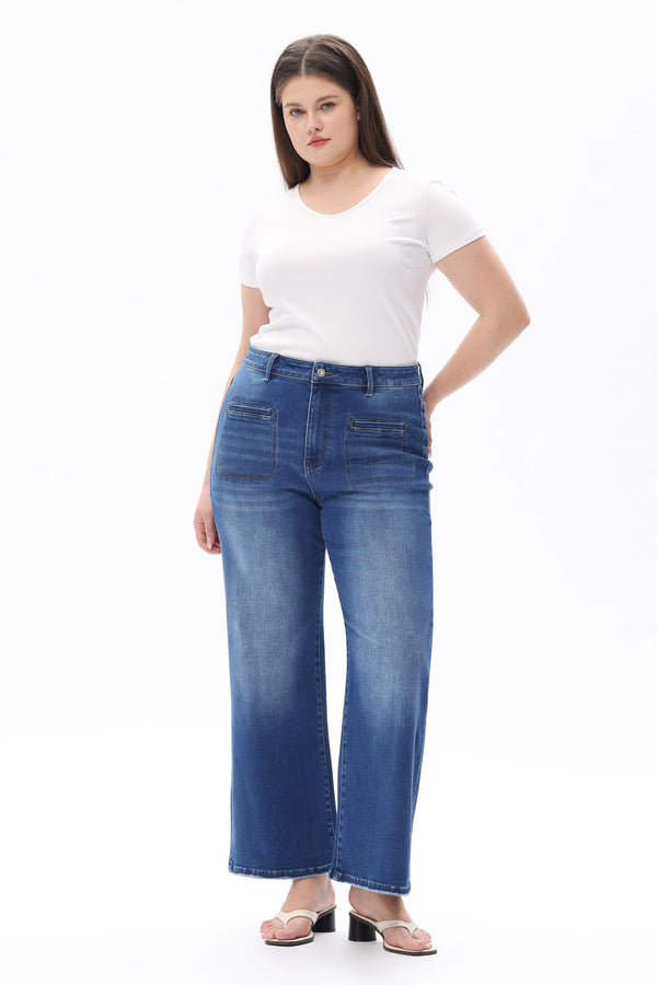 HIGH RISE STRAIGHT JEANS FRONT PATCH POCKETS PLUS SIZE OST5023-P