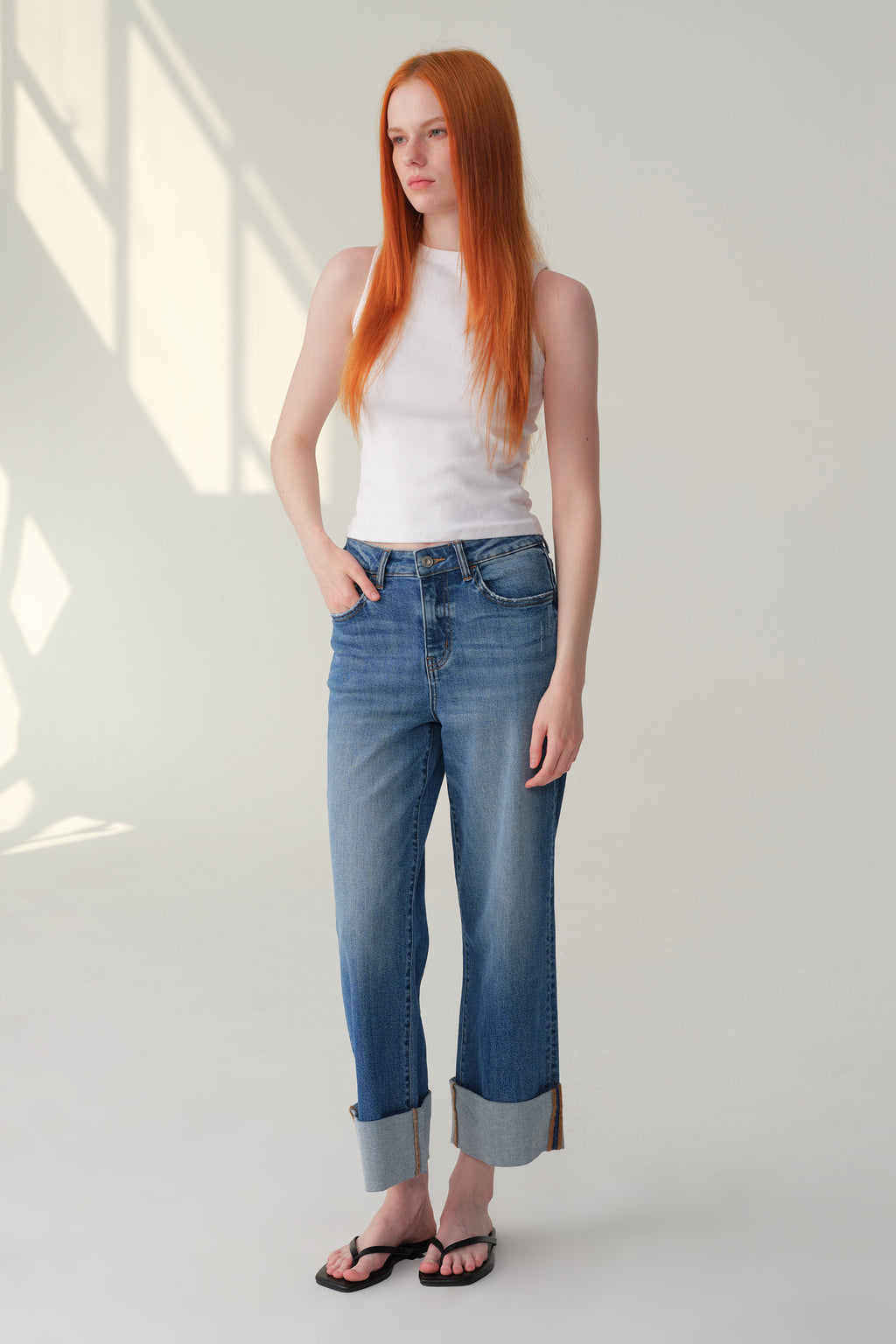 ONESO Mid High Rise Cuffed Wide Leg Cropped Jeans
