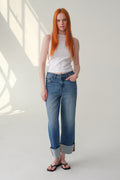 ONESO Mid High Rise Cuffed Wide Leg Cropped Jeans