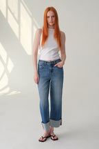 ONESO Mid High Rise Cuffed Wide Leg Cropped Jeans