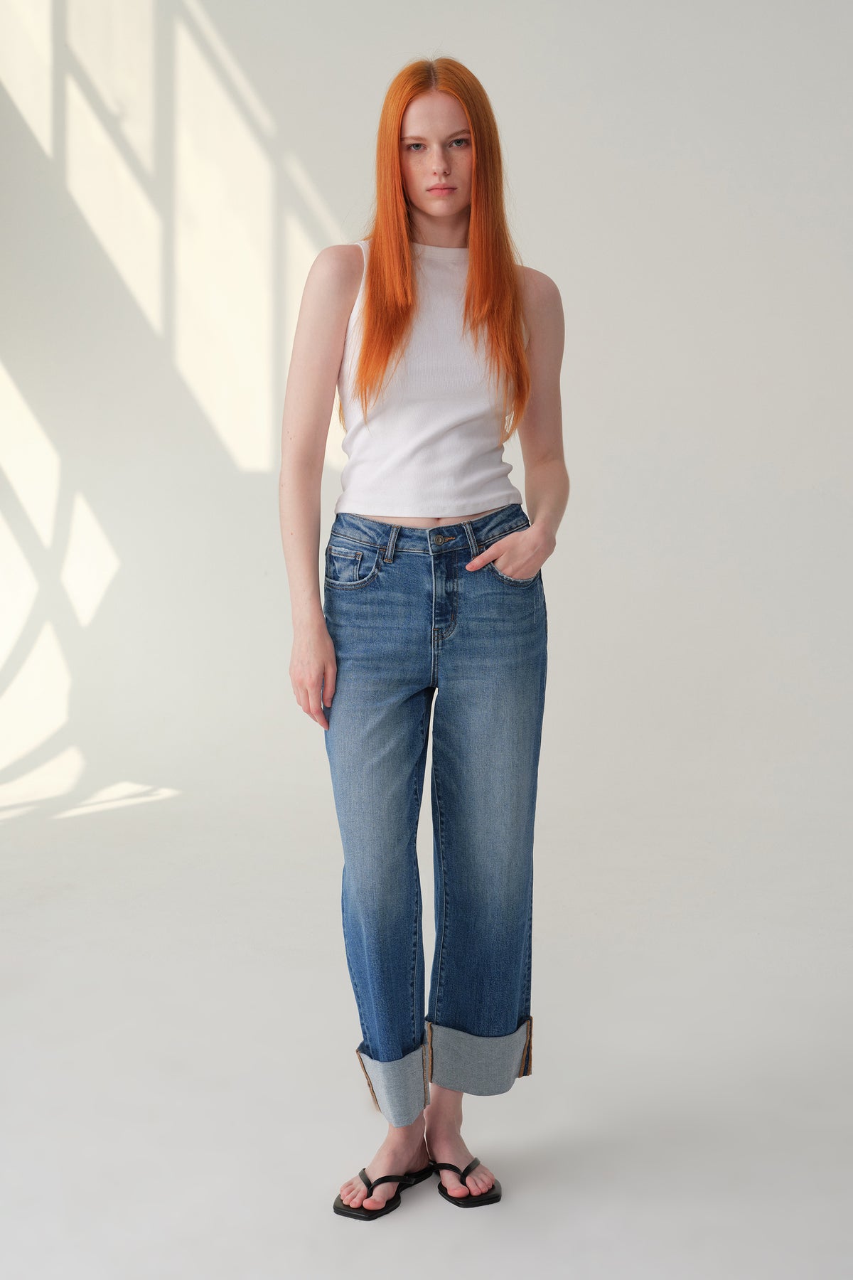 ONESO Mid High Rise Cuffed Wide Leg Cropped Jeans