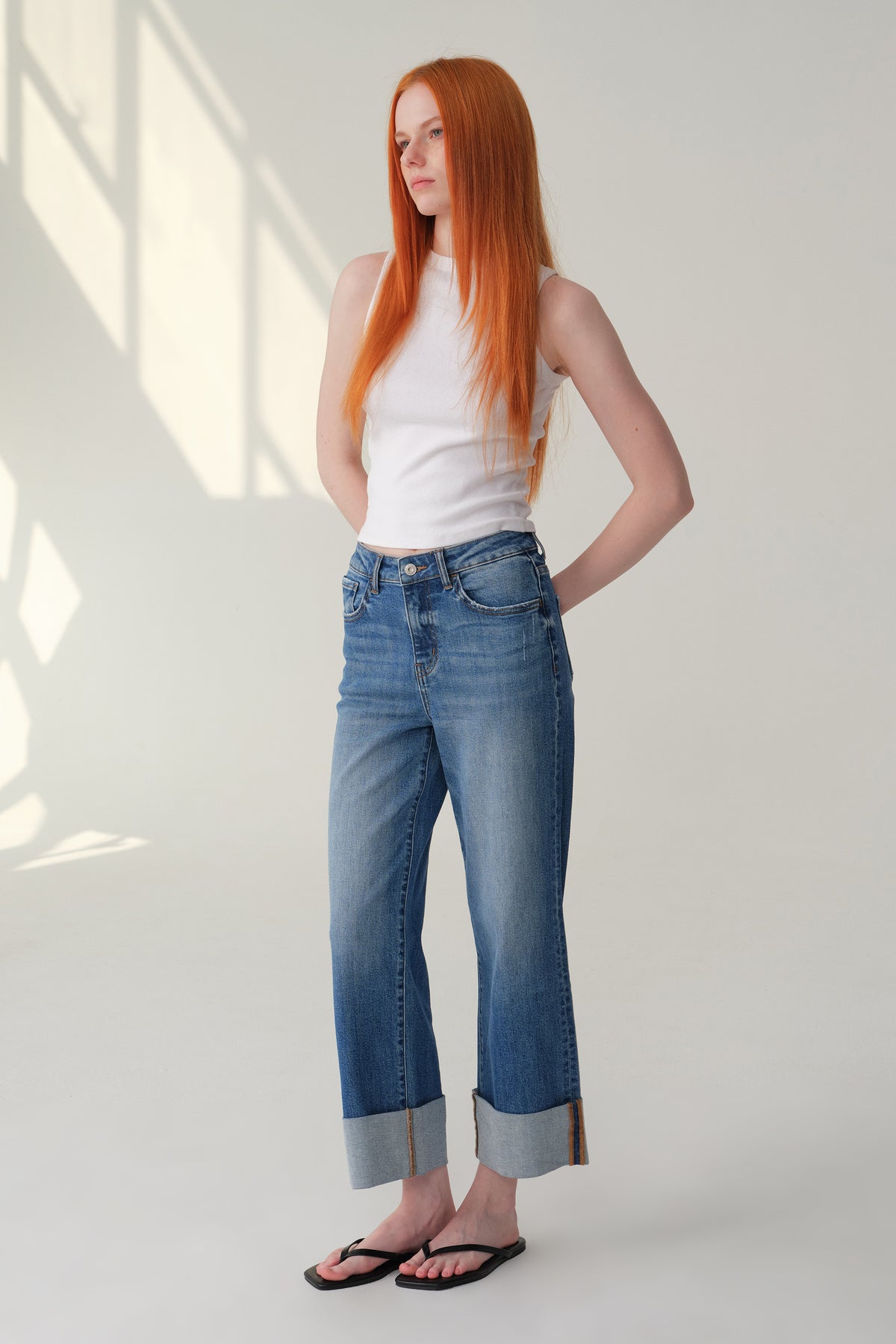 ONESO Mid High Rise Cuffed Wide Leg Cropped Jeans