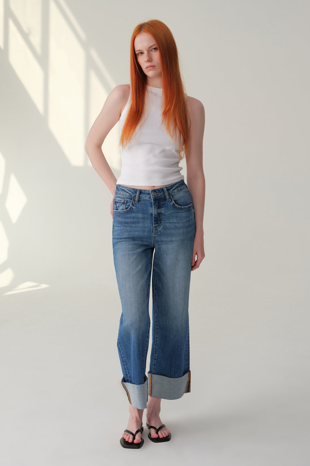 ONESO Mid High Rise Cuffed Wide Leg Cropped Jeans