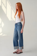 ONESO Mid High Rise Cuffed Wide Leg Cropped Jeans