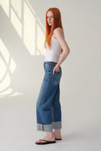 ONESO Mid High Rise Cuffed Wide Leg Cropped Jeans