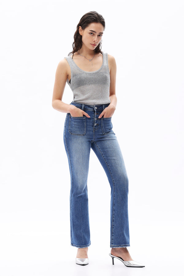 HIGH RISE BOOTCUT JEANS BUTTUM FLY WITH PATCH POCKET DENIM OSF1140