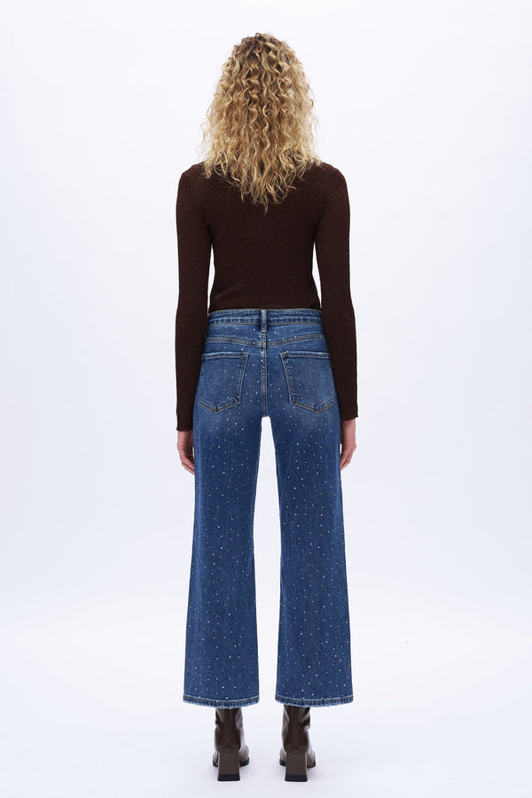 HIGH RISE RHINESTONE WIDE LEG JEANS OSWM8008 DEEP BLUE