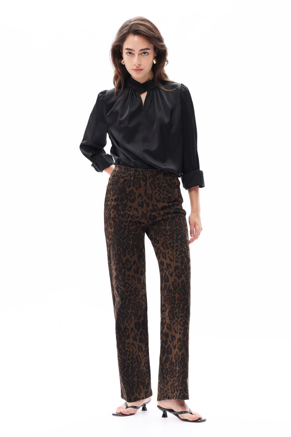 HIGH RISE RELAXED STRAIGHT LEOPARD PRINT PANTS OST5028 COFFEE