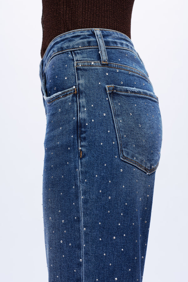 HIGH RISE RHINESTONE WIDE LEG JEANS OSWM8008 DEEP BLUE