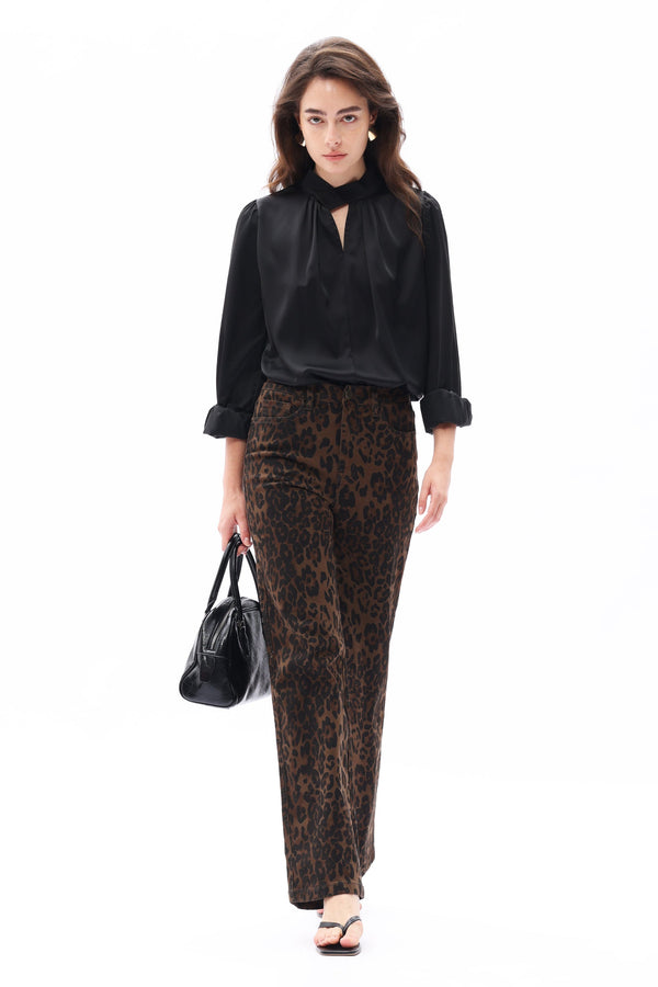 HIGH RISE RELAXED STRAIGHT LEOPARD PRINT PANTS OST5028 COFFEE
