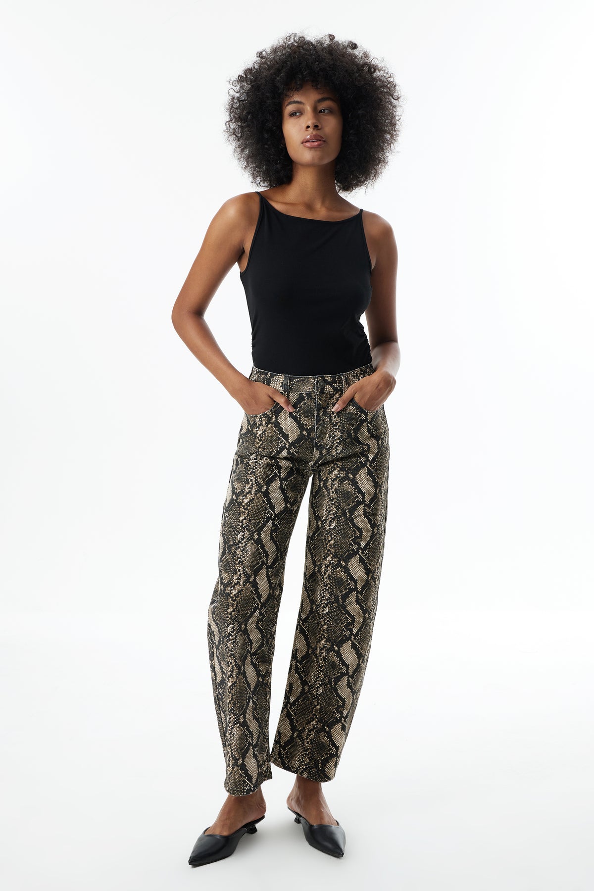 ONESO High Rise Python Print Barrel Jeans