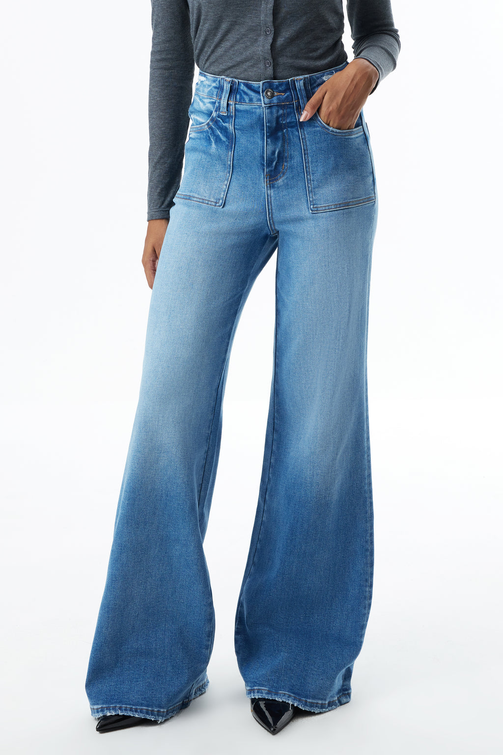 ONESO High Rise Frayed Hem Wide Leg Jeans