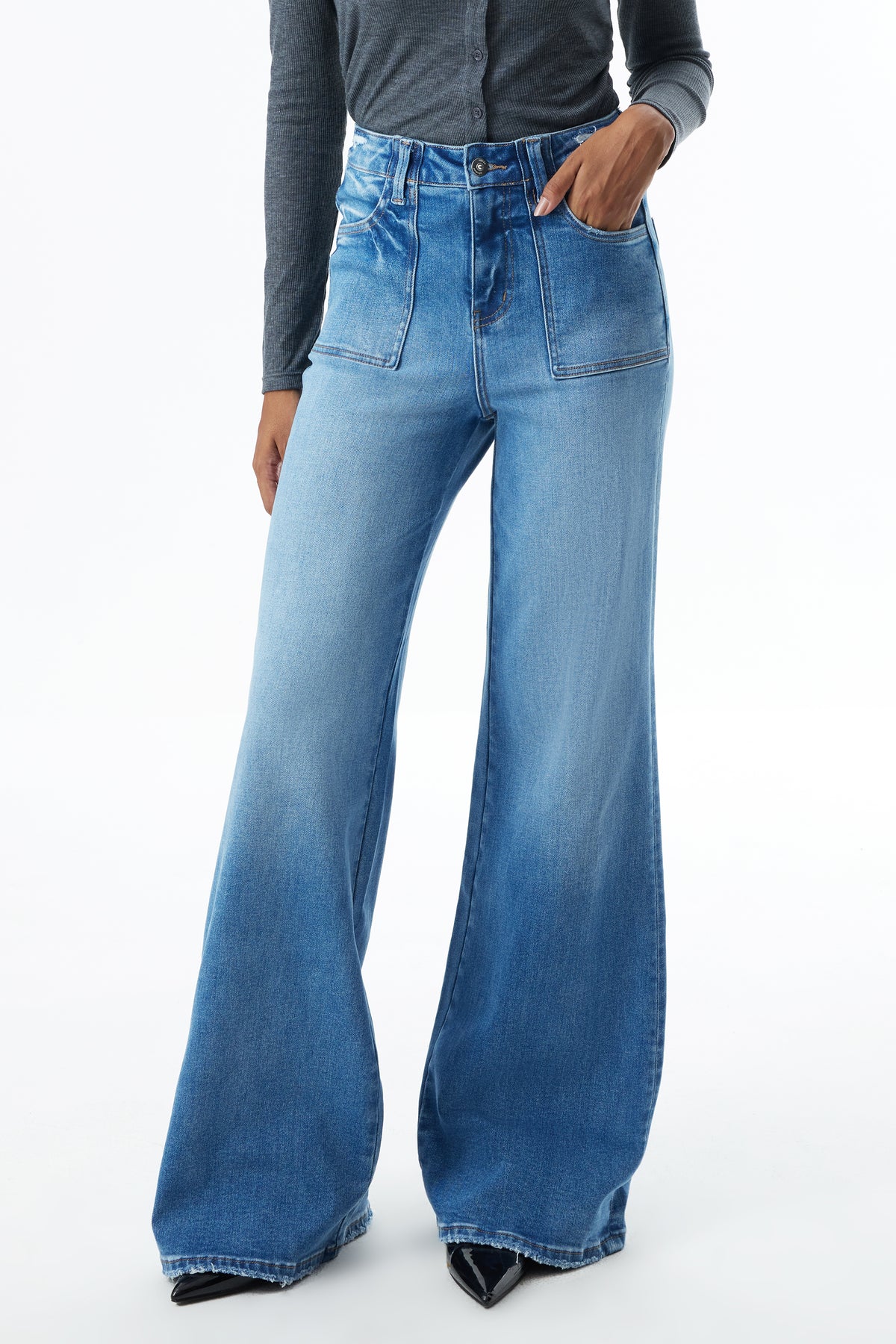 ONESO High Rise Frayed Hem Wide Leg Jeans