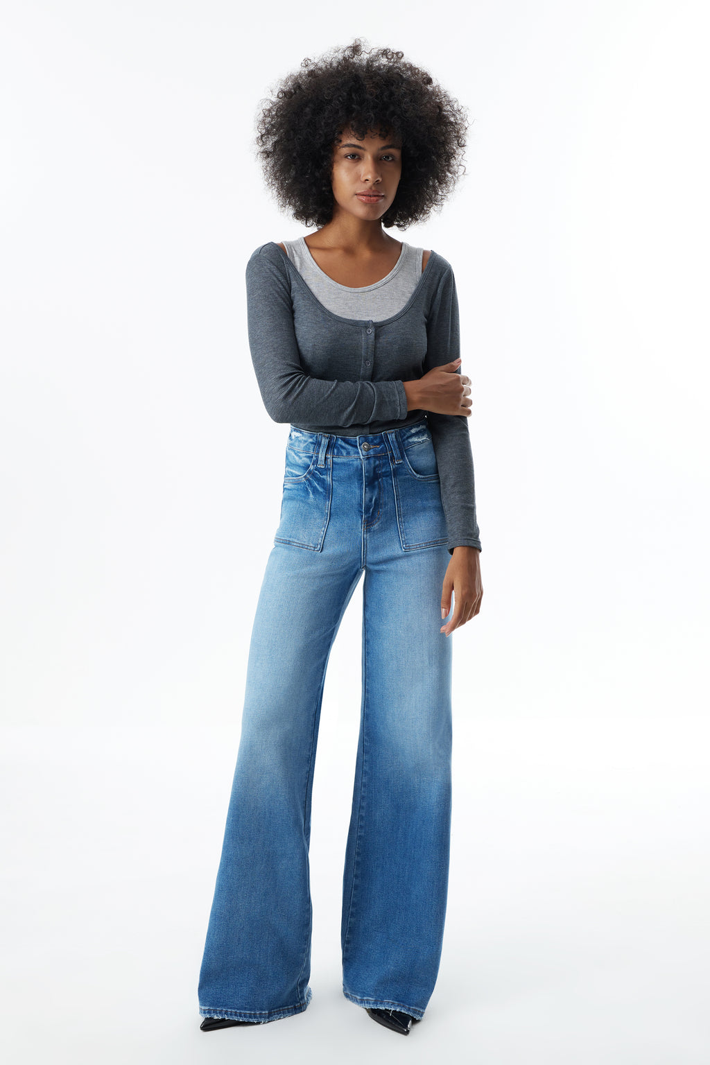 ONESO High Rise Frayed Hem Wide Leg Jeans