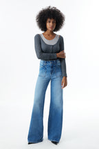 ONESO High Rise Frayed Hem Wide Leg Jeans
