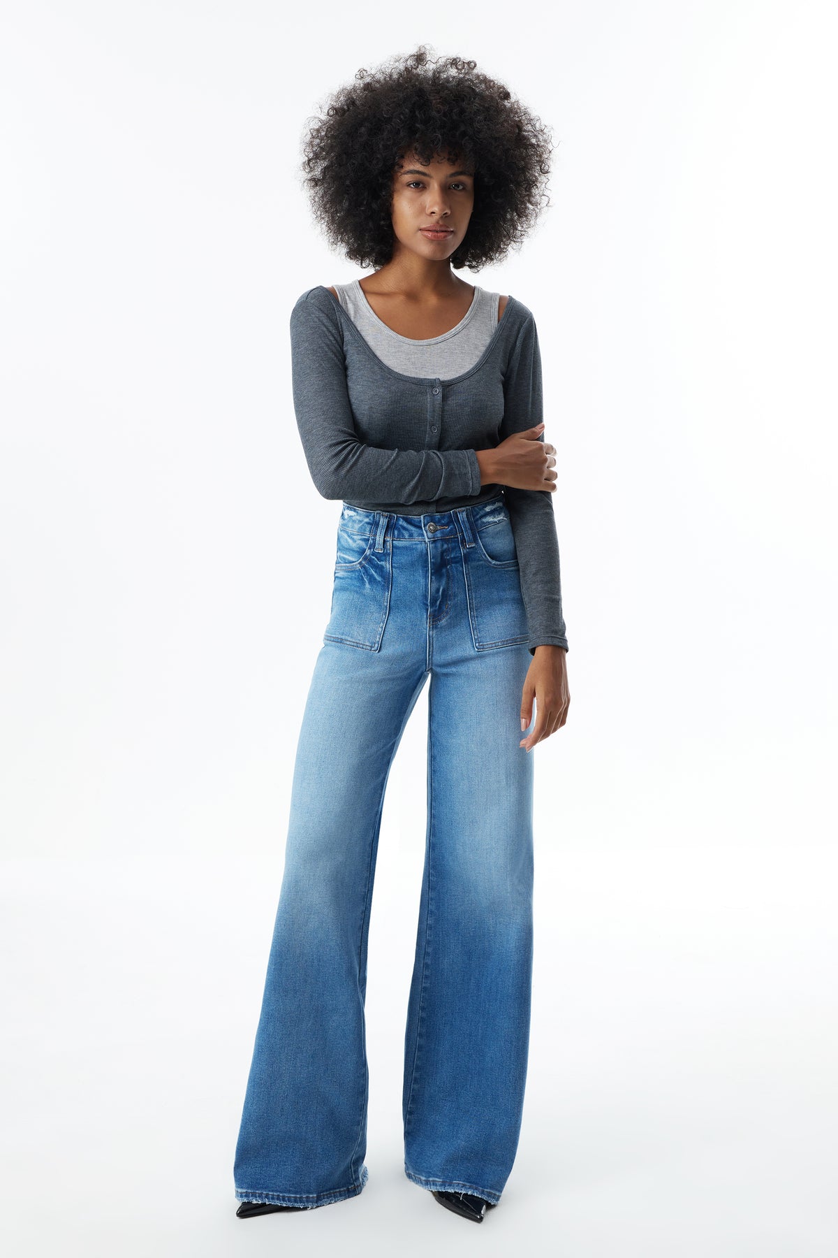 ONESO High Rise Frayed Hem Wide Leg Jeans