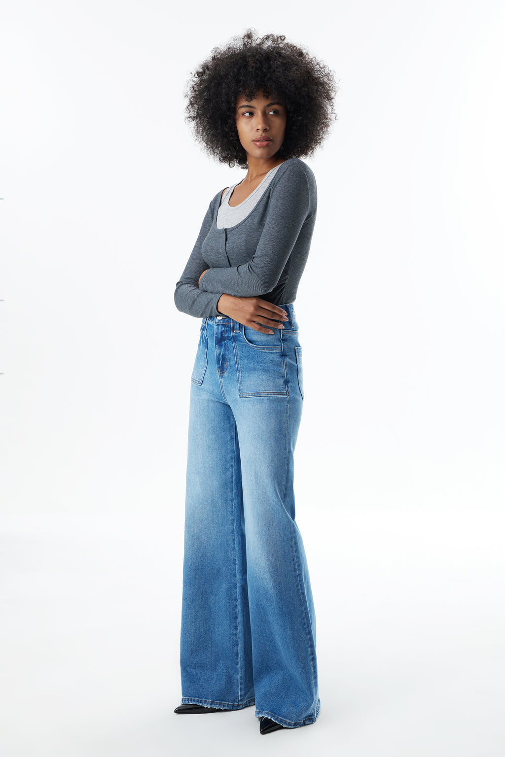 ONESO High Rise Frayed Hem Wide Leg Jeans