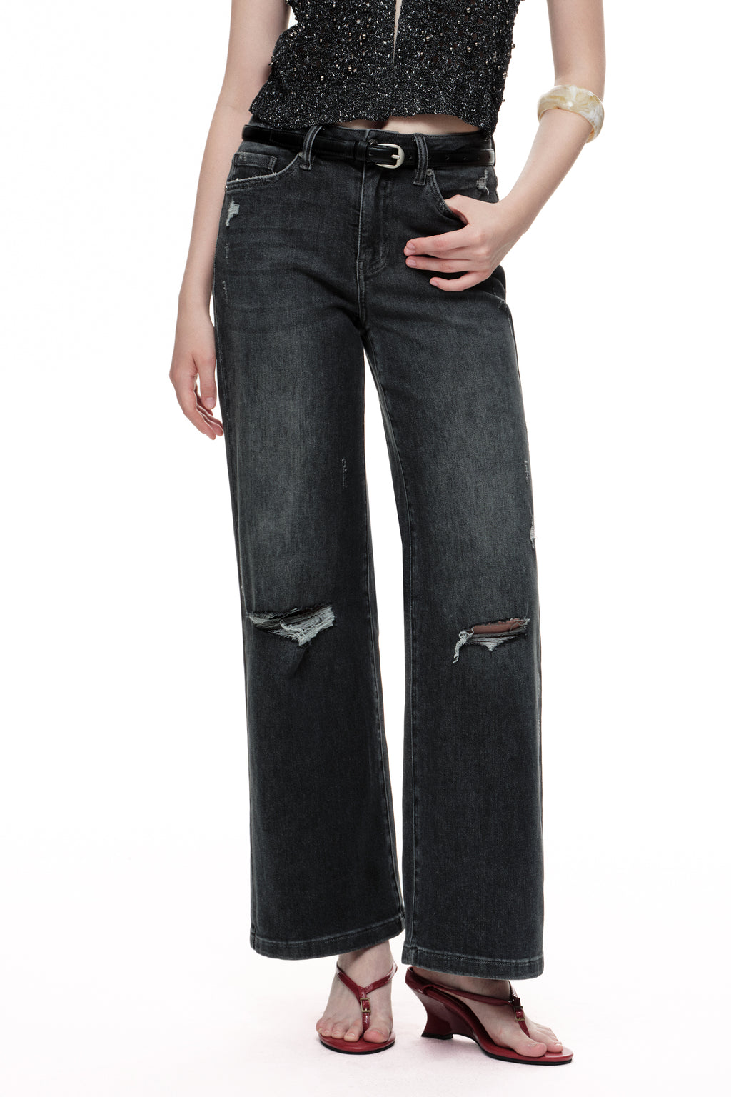 ONESO Edgy Mid Rise Wide Leg Jeans