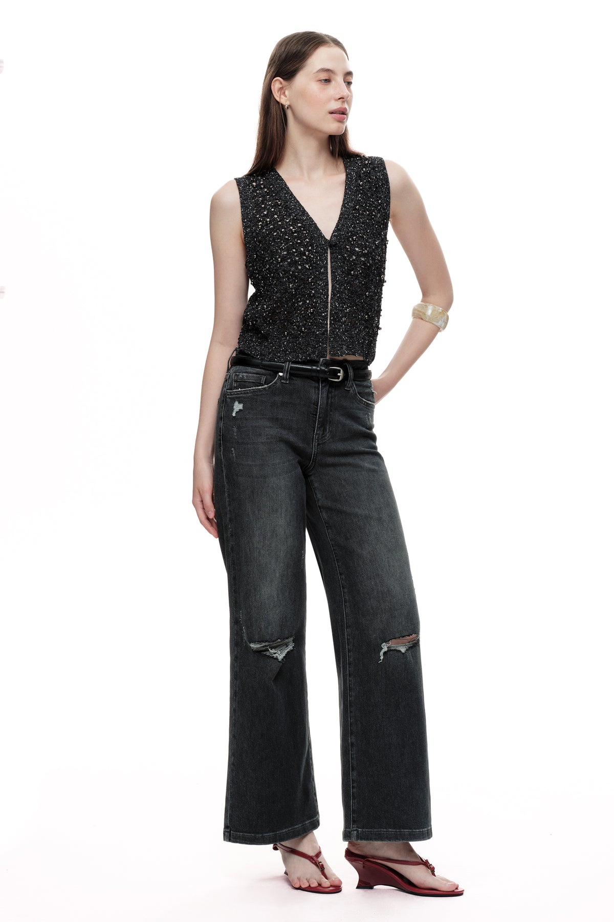ONESO Edgy Mid Rise Wide Leg Jeans