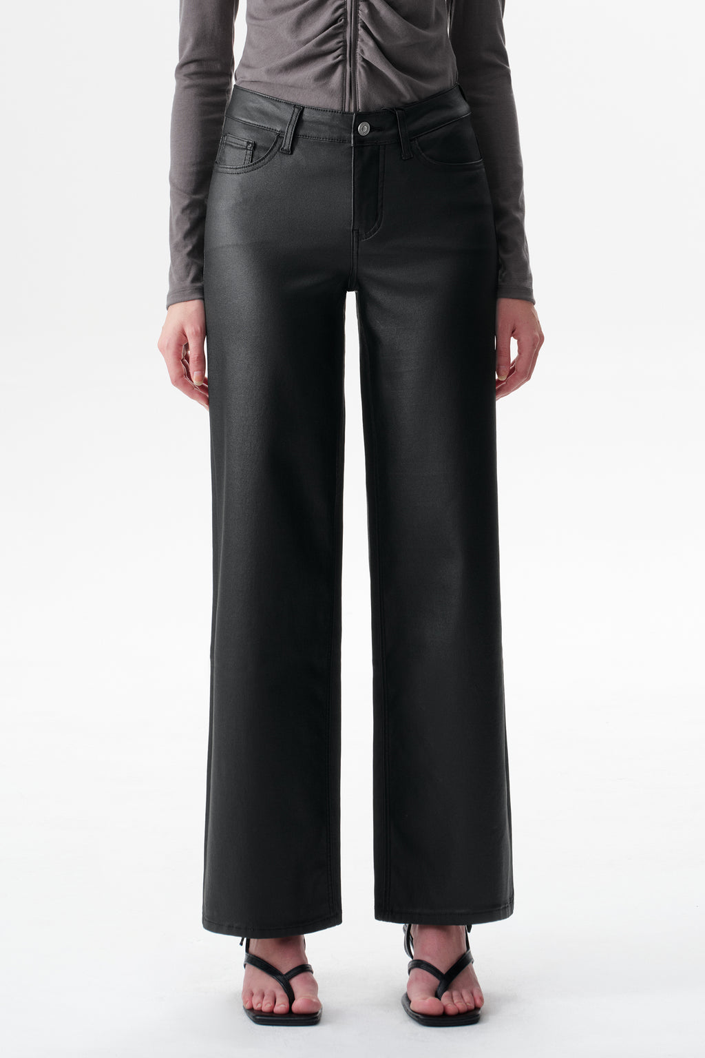 Edgy Coated Mid Rise Wide Leg Jeans