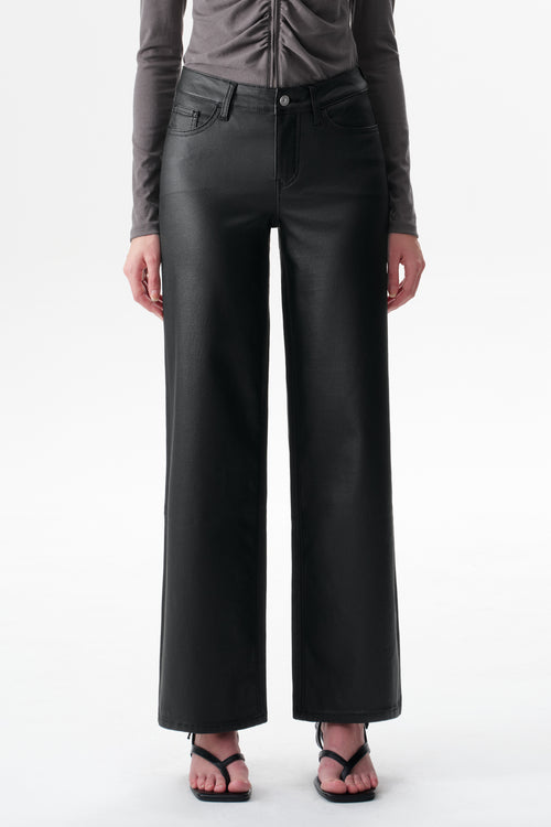 Edgy Coated Mid Rise Wide Leg Jeans