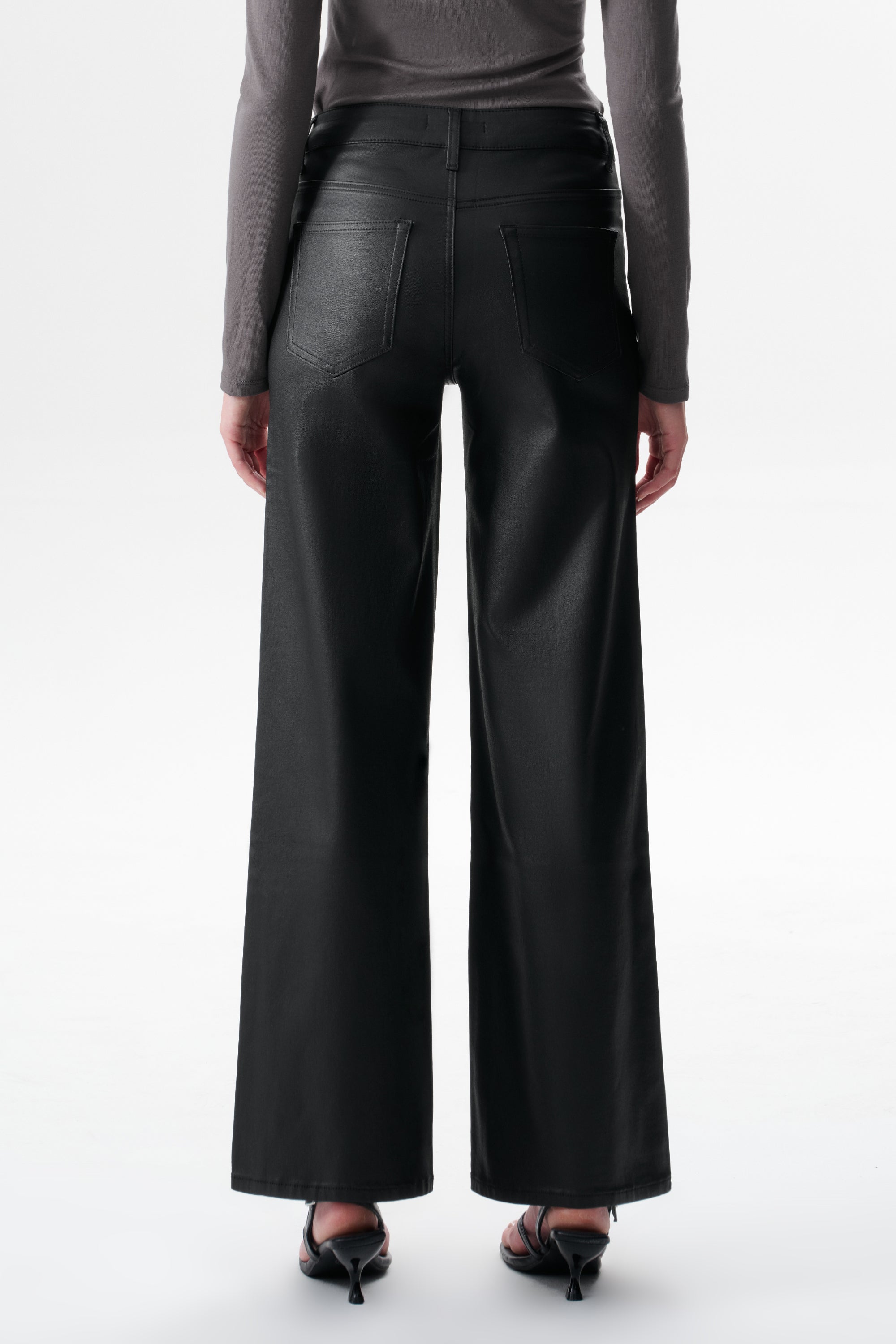 Edgy Coated Mid Rise Wide Leg Jeans