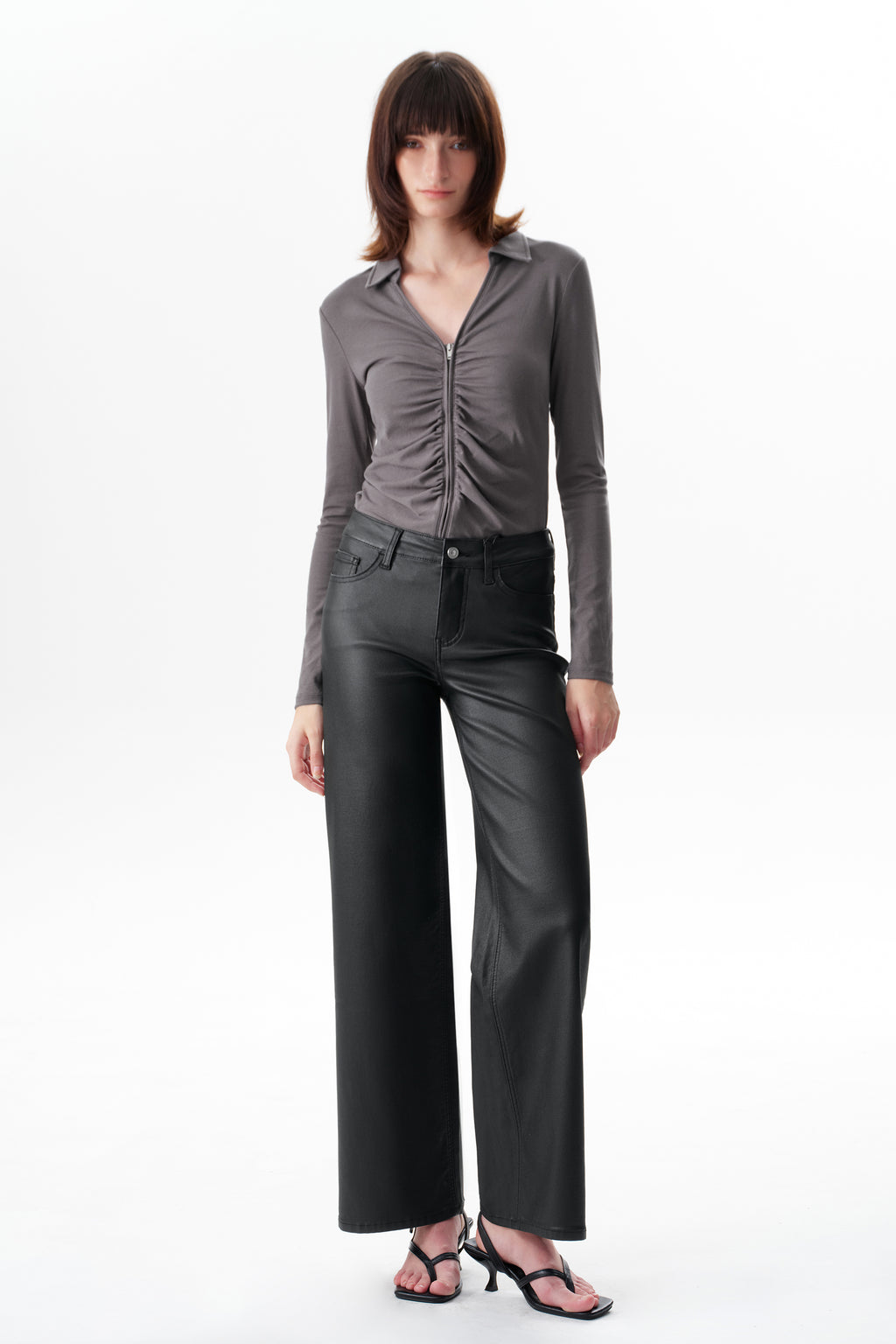 Edgy Coated Mid Rise Wide Leg Jeans