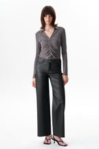 Edgy Coated Mid Rise Wide Leg Jeans
