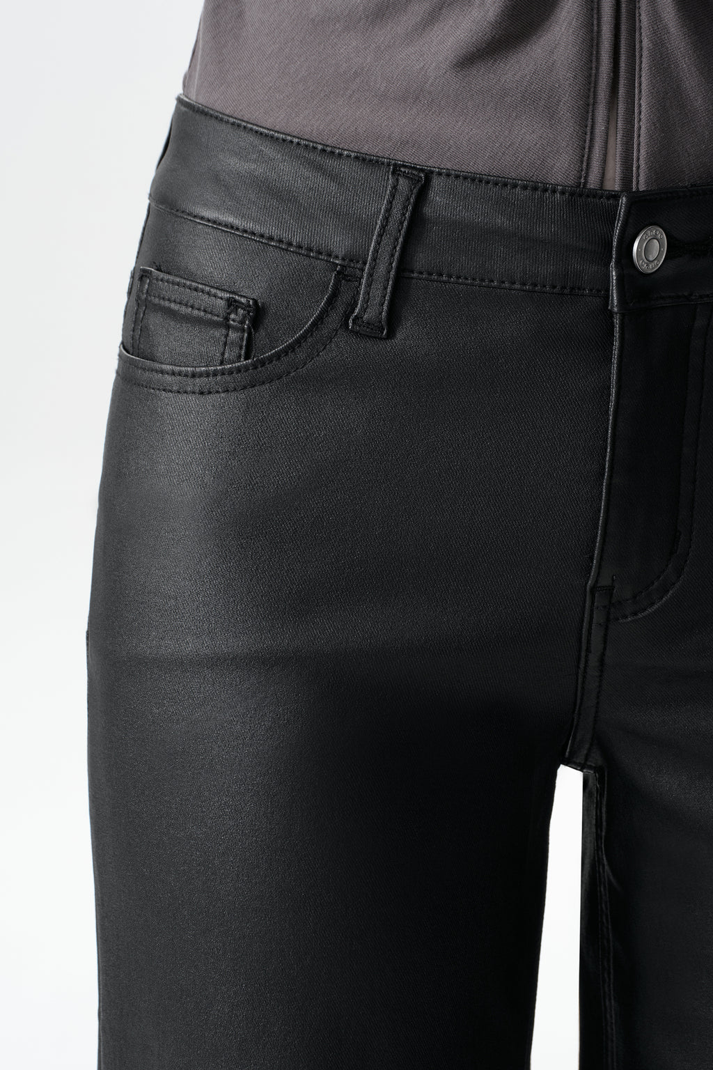 Edgy Coated Mid Rise Wide Leg Jeans