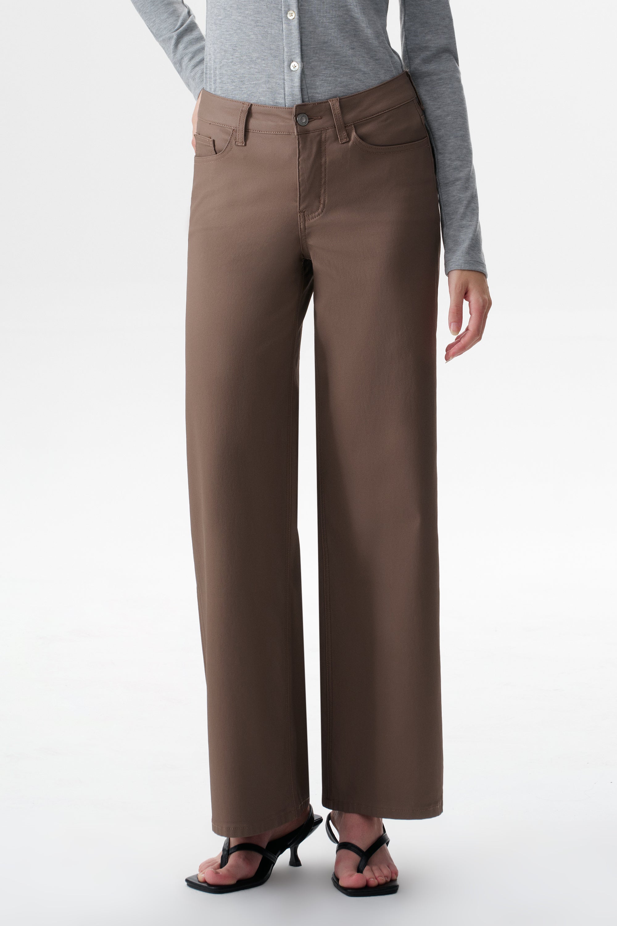 Edgy Coated Mid Rise Wide Leg Jeans