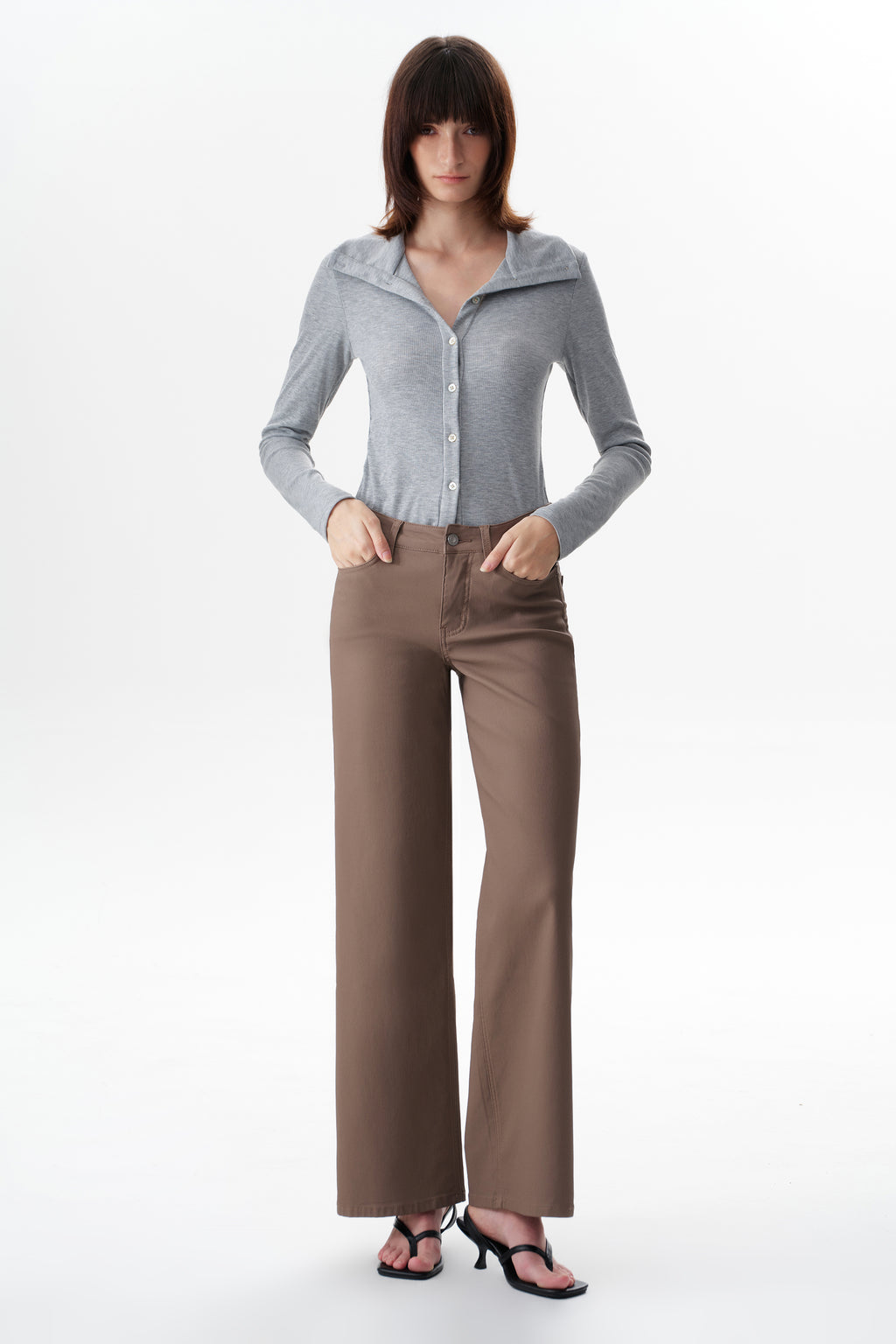 Edgy Coated Mid Rise Wide Leg Jeans