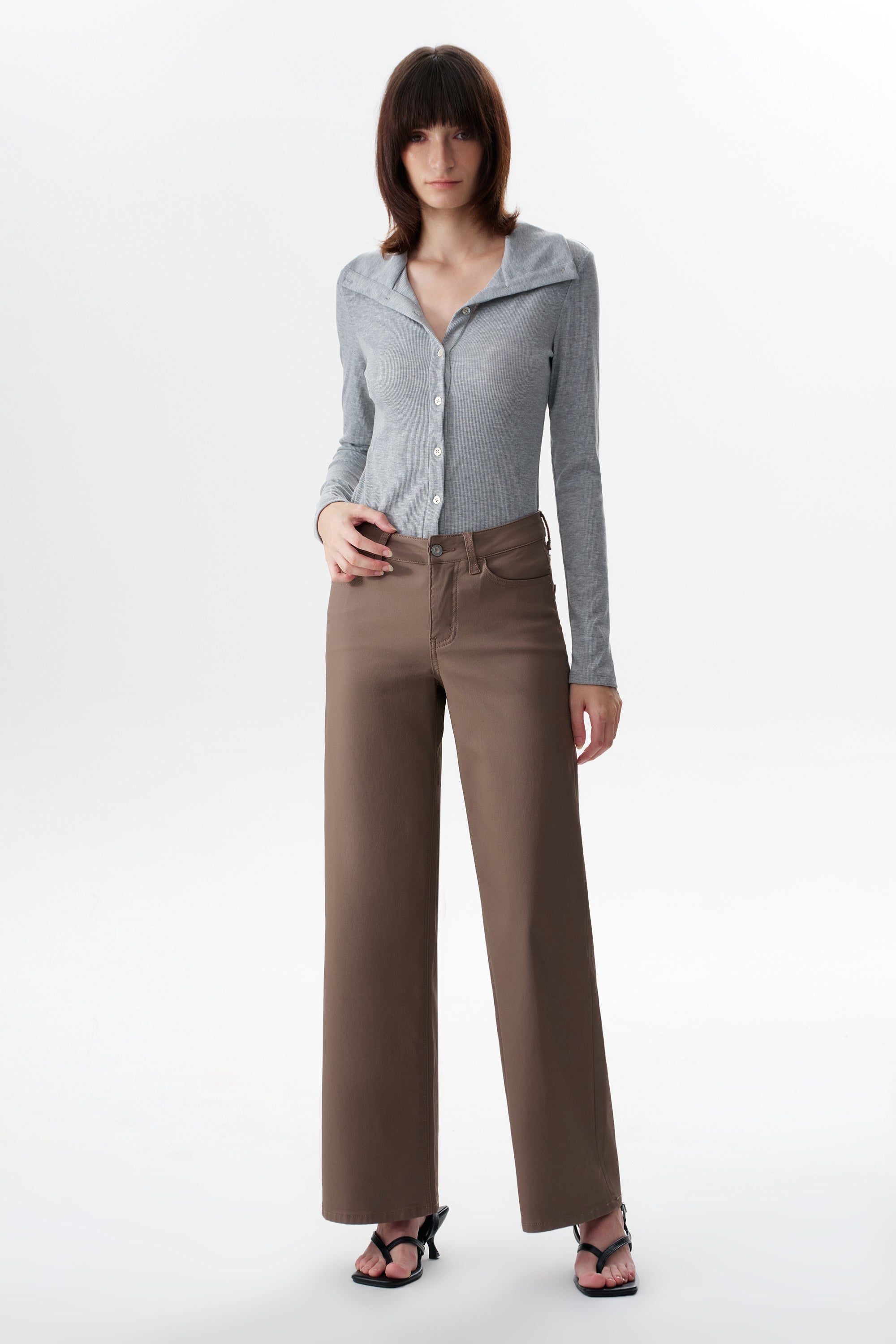 Edgy Coated Mid Rise Wide Leg Jeans